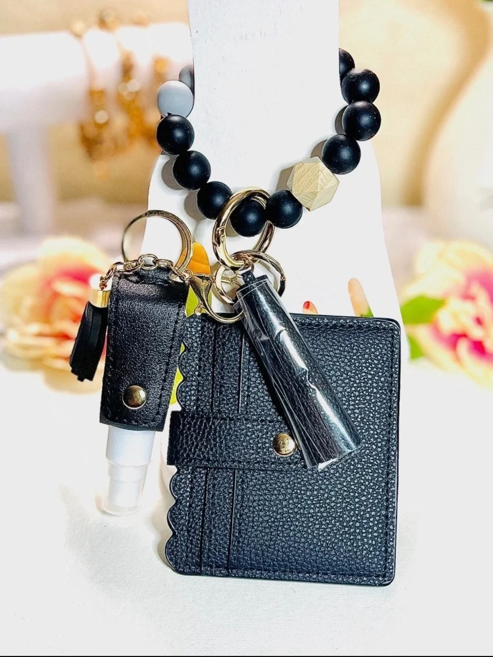 Black card wallet silicone Beaded wristlet